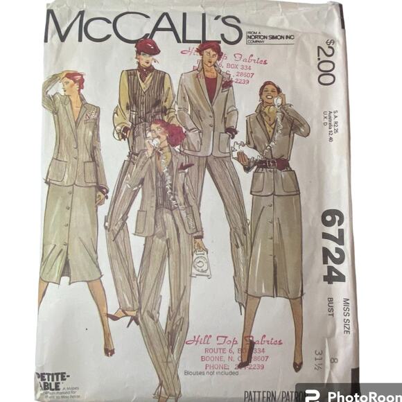 McCalls 6724 Jacket Vest Skirt Pant Pattern Miss 8 Pockets Tapered Suit Lined - Picture 2 of 5